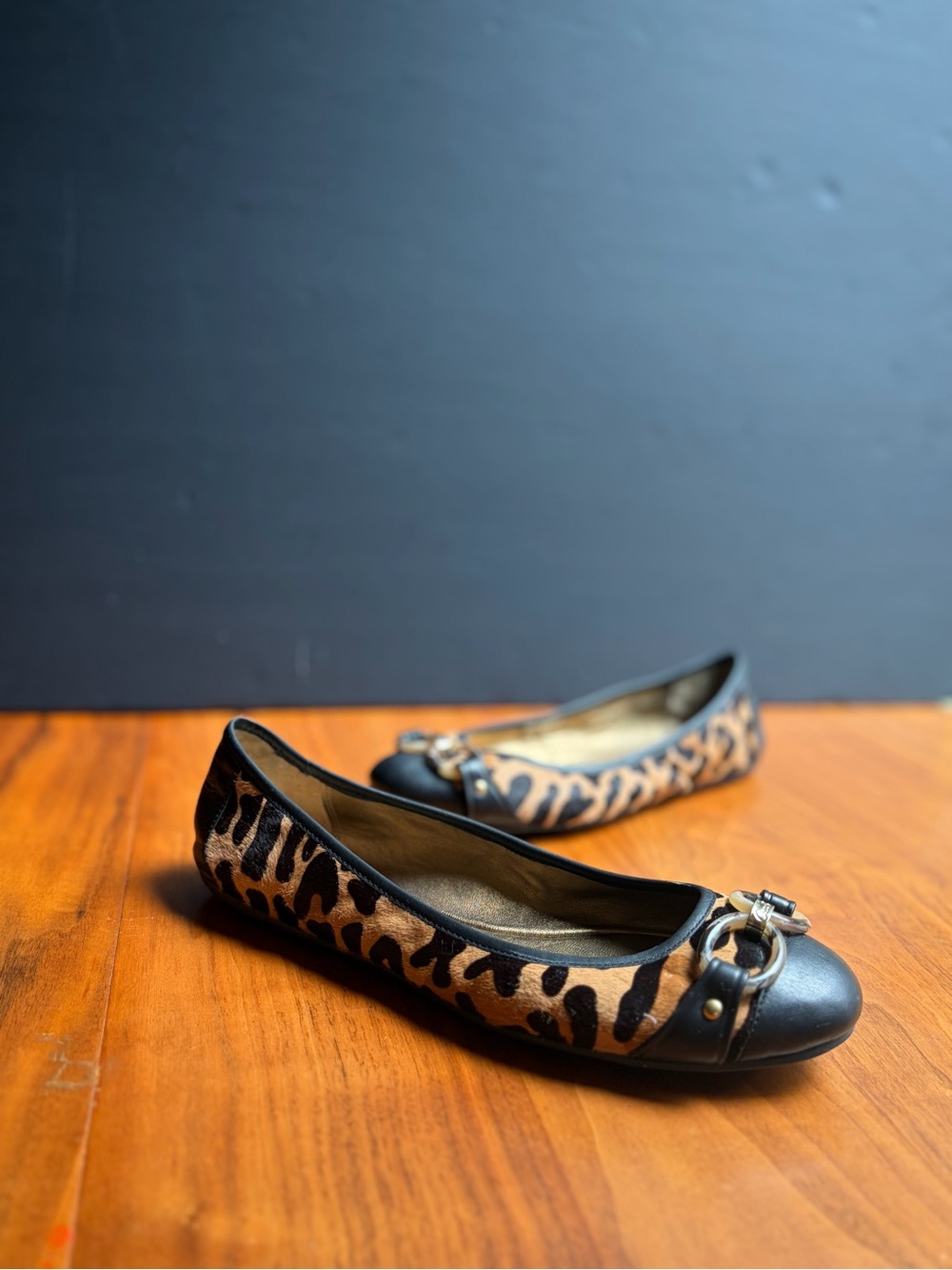 Coach Leopard Haircalf Ballet Flats Womens 10 Calf Hair Black Cap Toe Gold Ring